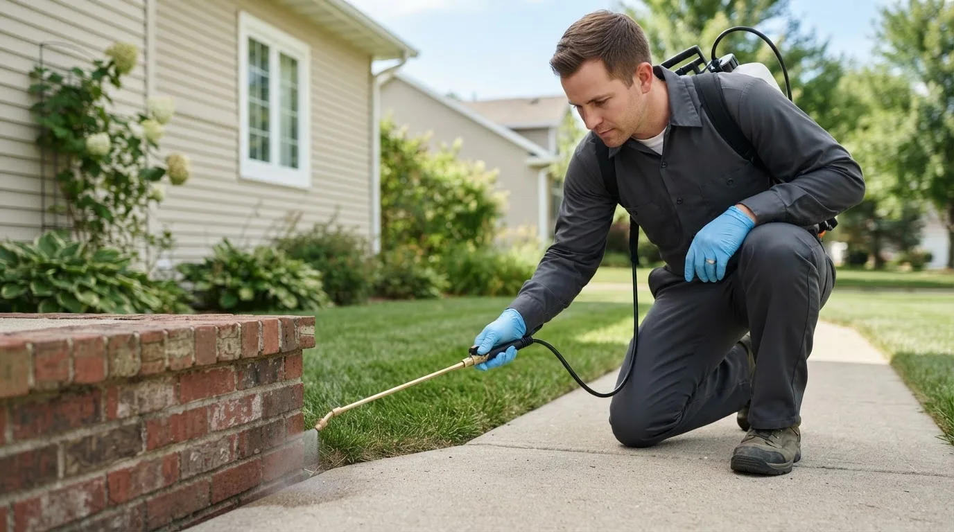 Pest control technician treating a home near Rushsylvania, OH