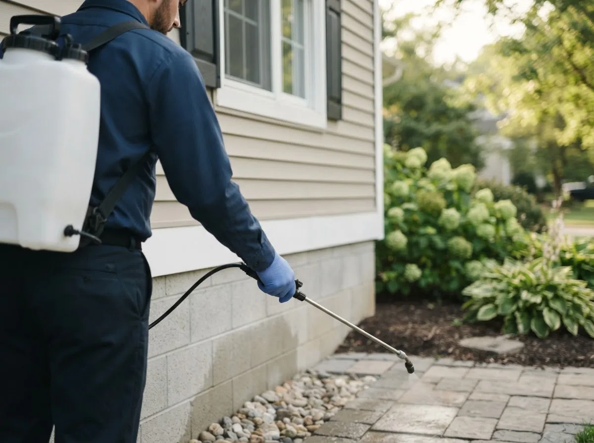 Pest control technician inspecting a home in Rushsylvania, OH